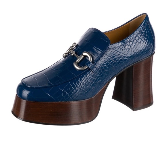 GUCCI NWT NIB royal blue leather horsebit accent platform loafer heels sz 42 - Picture 1 of 6